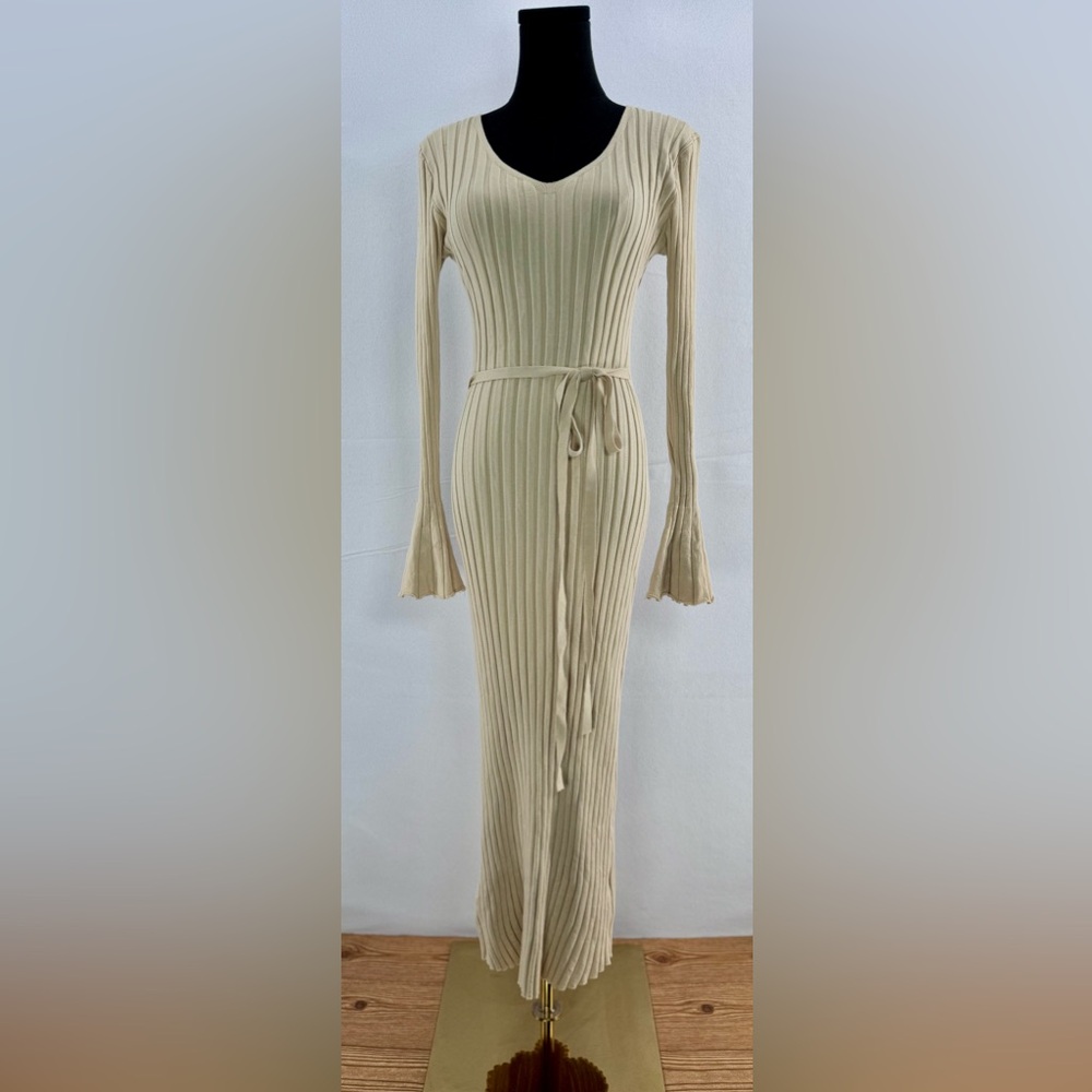 Women’s Micas Knit Long Sleeve Sweater Dress V Neck Flared Sleeve Tan Belted S